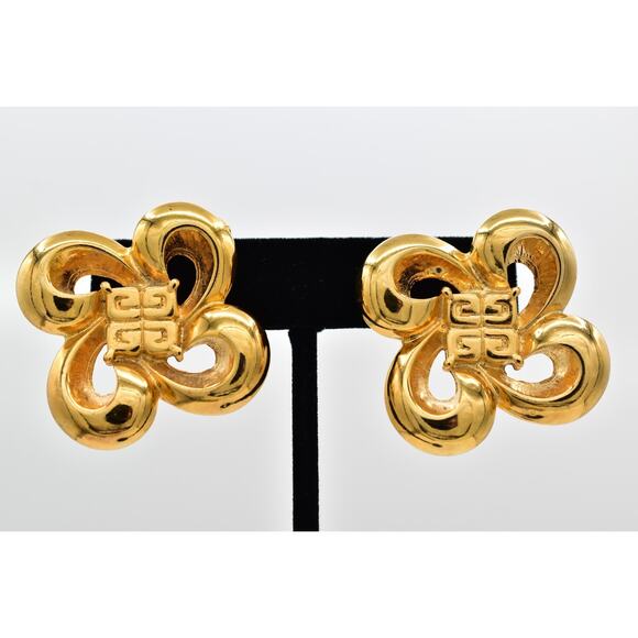 Givenchy Vintage 4G Logo Earrings Polished Gold Chunky NOS Signed 1980s BinAF - Picture 1 of 12